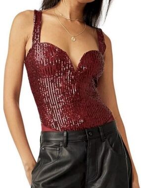 NWT Free People Sparks Fly Sequin Bodysuit in Red Pop - Medium